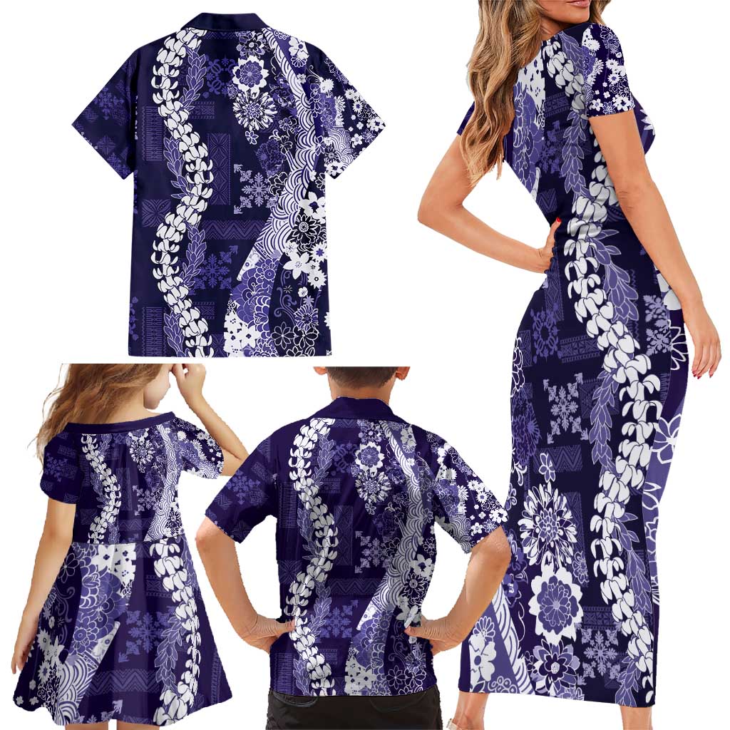 Hawaii Puakenikeni and Maile Lei Family Matching Short Sleeve Bodycon Dress and Hawaiian Shirt Purple Japanese Wave Style LT9 - Polynesian Pride