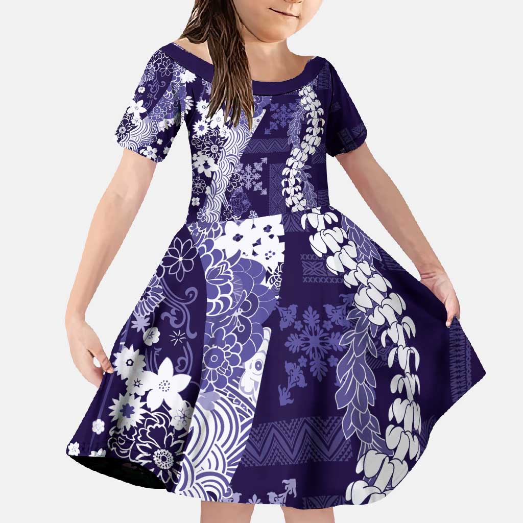 Hawaii Puakenikeni and Maile Lei Family Matching Summer Maxi Dress and Hawaiian Shirt Purple Japanese Wave Style LT9 Daughter's Dress Purple - Polynesian Pride