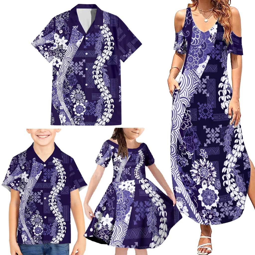 Hawaii Puakenikeni and Maile Lei Family Matching Summer Maxi Dress and Hawaiian Shirt Purple Japanese Wave Style LT9 - Polynesian Pride