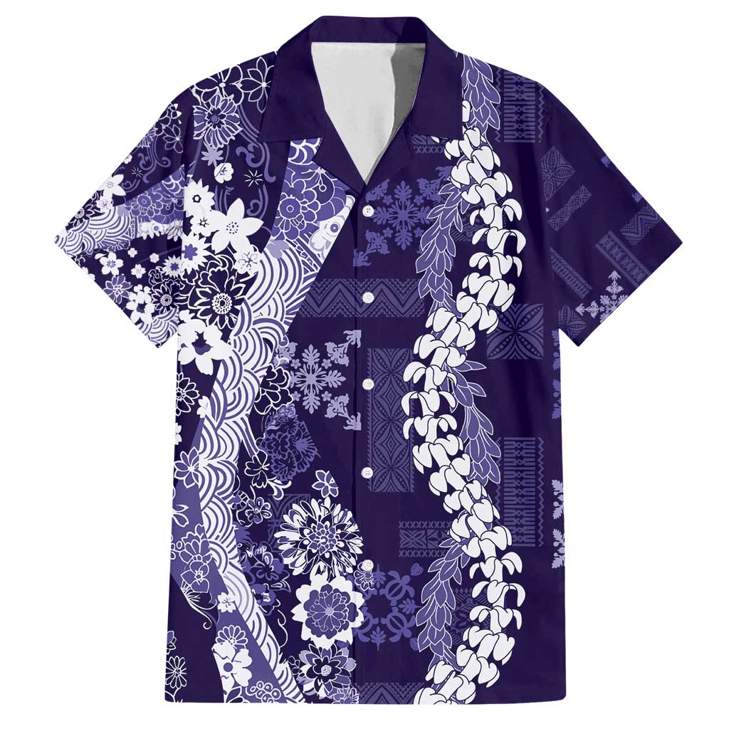 Hawaii Puakenikeni and Maile Lei Family Matching Summer Maxi Dress and Hawaiian Shirt Purple Japanese Wave Style LT9 Dad's Shirt - Short Sleeve Purple - Polynesian Pride