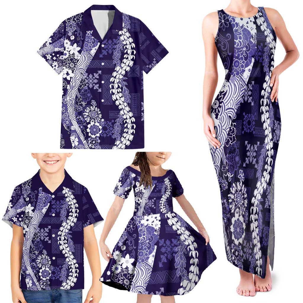 Hawaii Puakenikeni and Maile Lei Family Matching Tank Maxi Dress and Hawaiian Shirt Purple Japanese Wave Style LT9 - Polynesian Pride