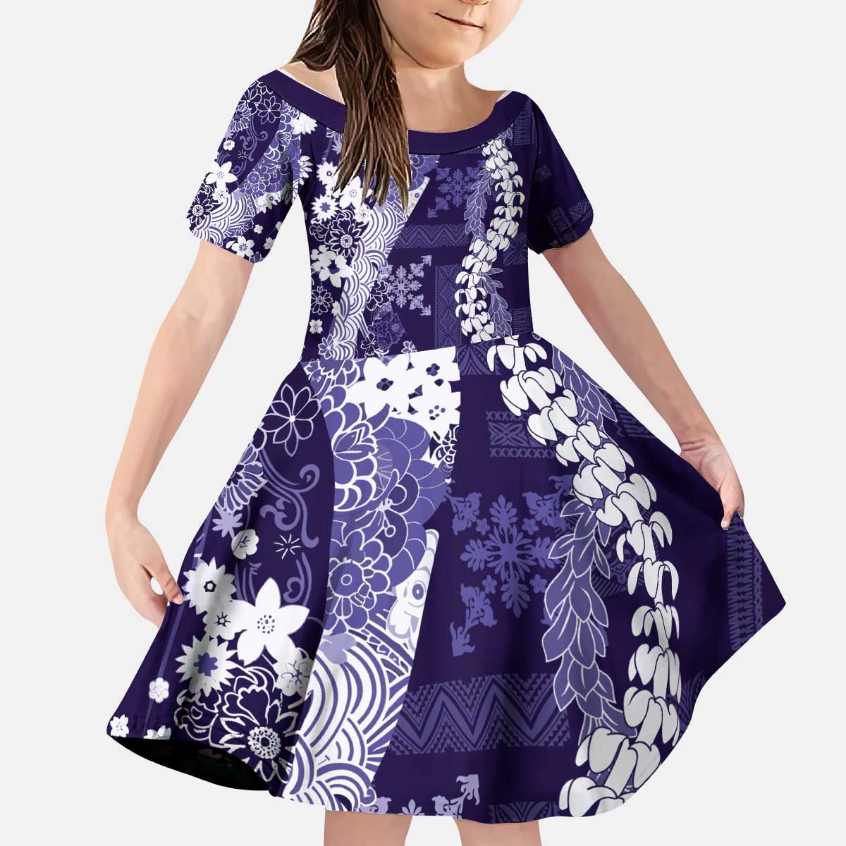 Hawaii Puakenikeni and Maile Lei Kid Short Sleeve Dress Purple Japanese Wave Style LT9 KID Purple - Polynesian Pride