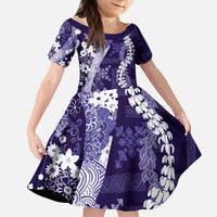 Hawaii Puakenikeni and Maile Lei Kid Short Sleeve Dress Purple Japanese Wave Style LT9 KID Purple - Polynesian Pride
