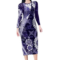 Hawaii Puakenikeni and Maile Lei Long Sleeve Bodycon Dress Purple Japanese Wave Style LT9 Long Dress Purple - Polynesian Pride
