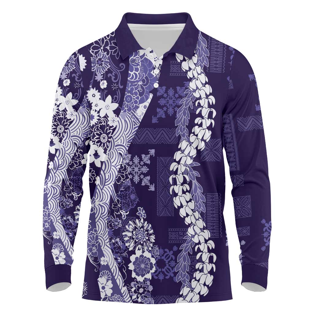 Hawaii Puakenikeni and Maile Lei Long Sleeve Polo Shirt Purple Japanese Wave Style LT9 Purple - Polynesian Pride