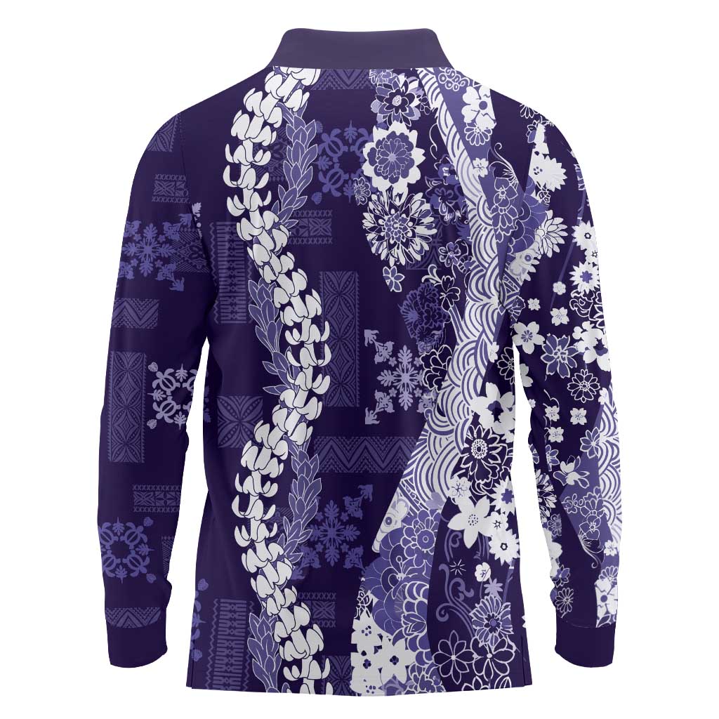 Hawaii Puakenikeni and Maile Lei Long Sleeve Polo Shirt Purple Japanese Wave Style LT9 - Polynesian Pride