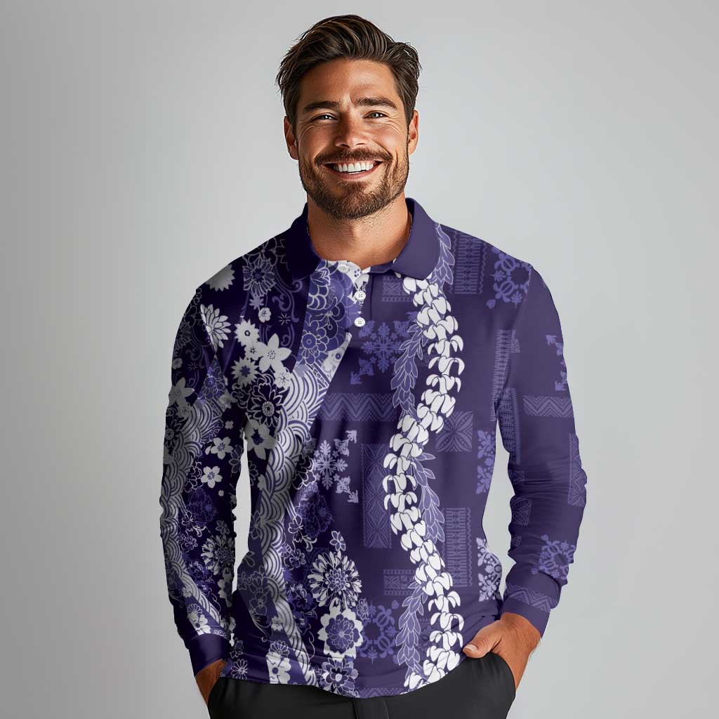 Hawaii Puakenikeni and Maile Lei Long Sleeve Polo Shirt Purple Japanese Wave Style LT9 - Polynesian Pride