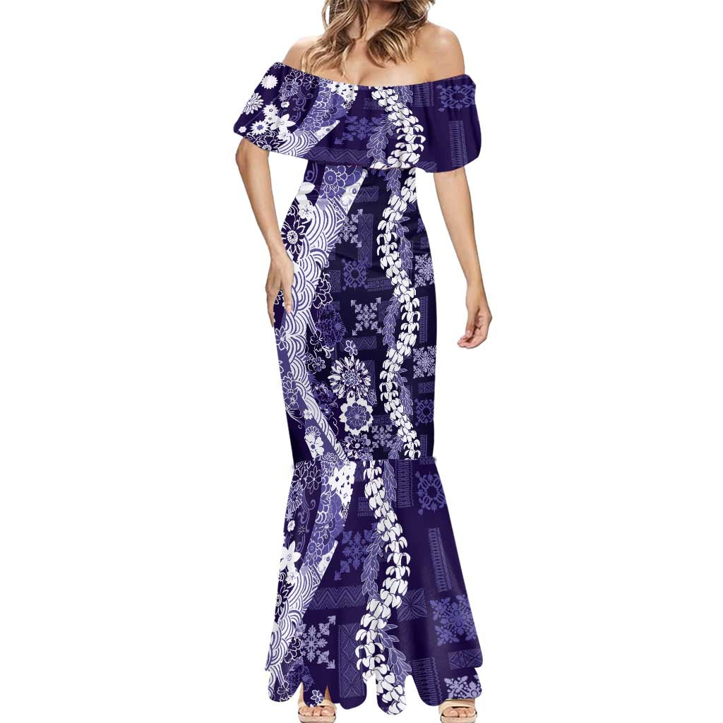 Hawaii Puakenikeni and Maile Lei Mermaid Dress Purple Japanese Wave Style LT9 - Polynesian Pride