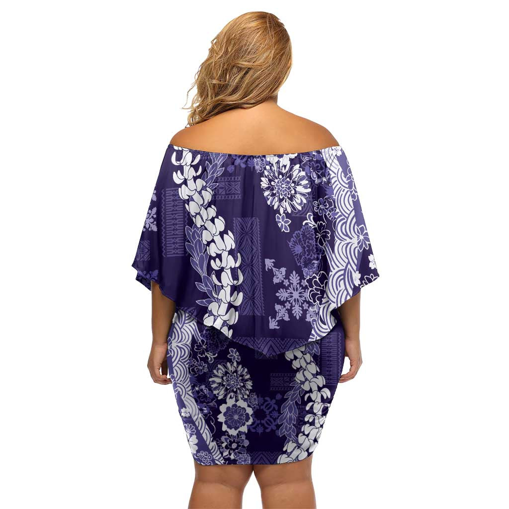 Hawaii Puakenikeni and Maile Lei Off Shoulder Short Dress Purple Japanese Wave Style LT9 - Polynesian Pride
