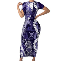 Hawaii Puakenikeni and Maile Lei Short Sleeve Bodycon Dress Purple Japanese Wave Style LT9 Long Dress Purple - Polynesian Pride
