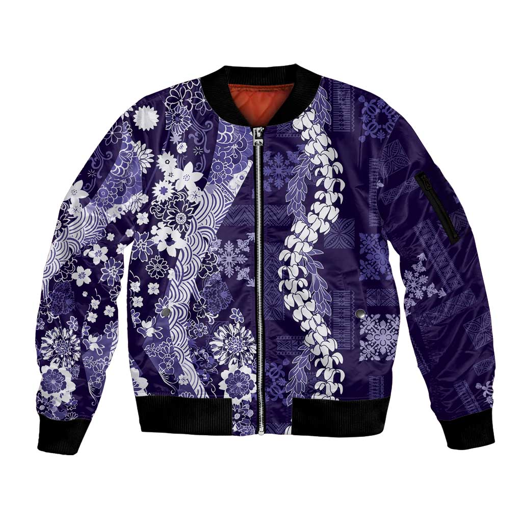 Hawaii Puakenikeni and Maile Lei Sleeve Zip Bomber Jacket Purple Japanese Wave Style LT9 Unisex Purple - Polynesian Pride