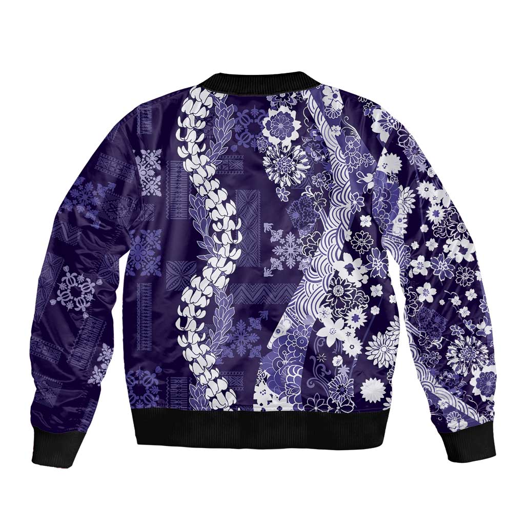 Hawaii Puakenikeni and Maile Lei Sleeve Zip Bomber Jacket Purple Japanese Wave Style LT9 - Polynesian Pride