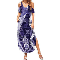 Hawaii Puakenikeni and Maile Lei Summer Maxi Dress Purple Japanese Wave Style LT9 Women Purple - Polynesian Pride