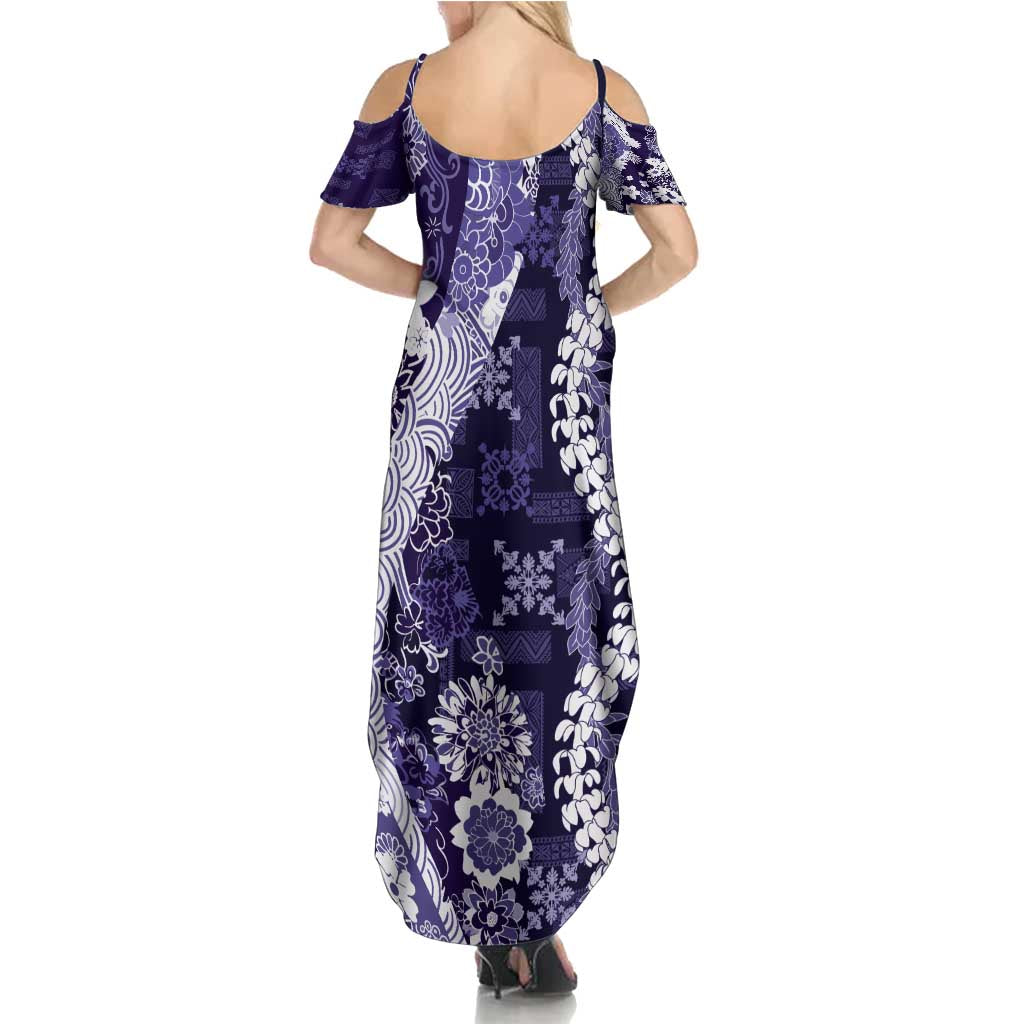 Hawaii Puakenikeni and Maile Lei Summer Maxi Dress Purple Japanese Wave Style LT9 - Polynesian Pride