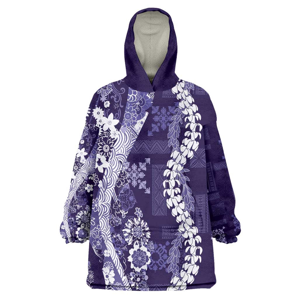 Hawaii Puakenikeni and Maile Lei Wearable Blanket Hoodie Purple Japanese Wave Style LT9 One Size Purple - Polynesian Pride