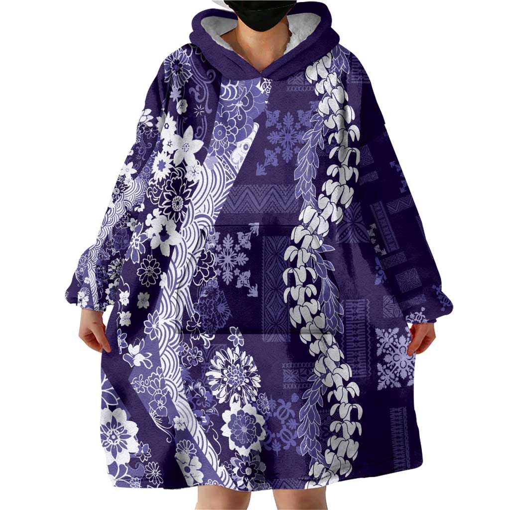 Hawaii Puakenikeni and Maile Lei Wearable Blanket Hoodie Purple Japanese Wave Style LT9 - Polynesian Pride