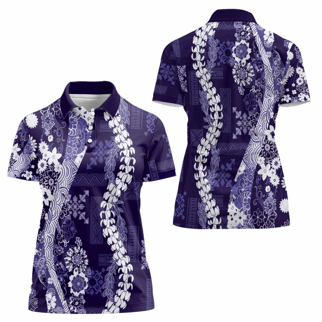 Hawaii Puakenikeni and Maile Lei Women Polo Shirt Purple Japanese Wave Style - Polynesian Pride