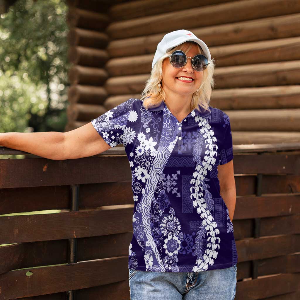 Hawaii Puakenikeni and Maile Lei Women Polo Shirt Purple Japanese Wave Style - Polynesian Pride