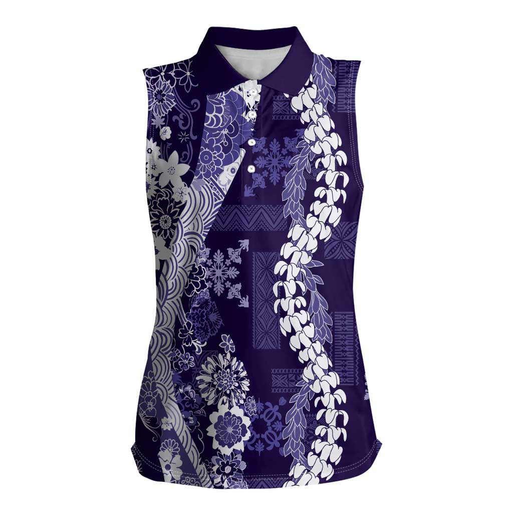 Hawaii Puakenikeni and Maile Lei Women Sleeveless Polo Shirt Purple Japanese Wave Style LT9 Female Purple - Polynesian Pride