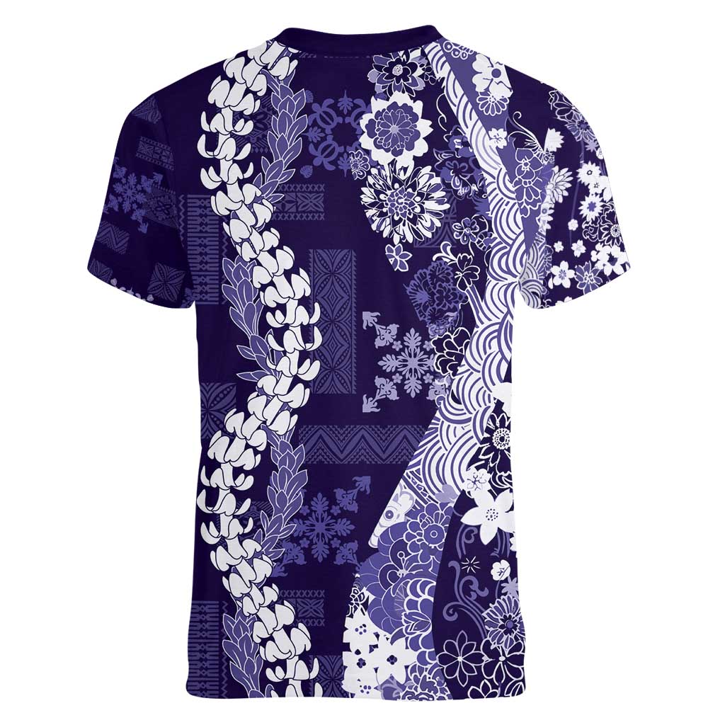 Hawaii Puakenikeni and Maile Lei Women V-Neck T-Shirt Purple Japanese Wave Style LT9 - Polynesian Pride