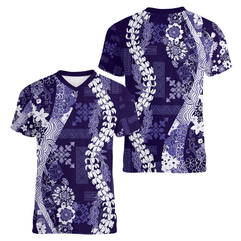 Hawaii Puakenikeni and Maile Lei Women V-Neck T-Shirt Purple Japanese Wave Style LT9 - Polynesian Pride