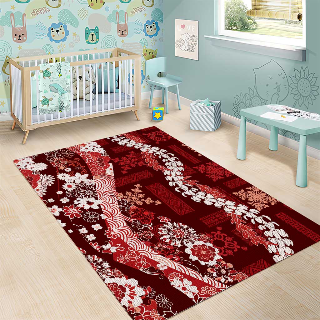 Hawaii Puakenikeni and Maile Lei Area Rug Red Japanese Wave Style - Polynesian Pride
