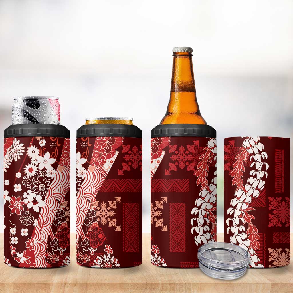 Hawaii Puakenikeni and Maile Lei 4 in 1 Can Cooler Tumbler Red Japanese Wave Style LT9 - Polynesian Pride
