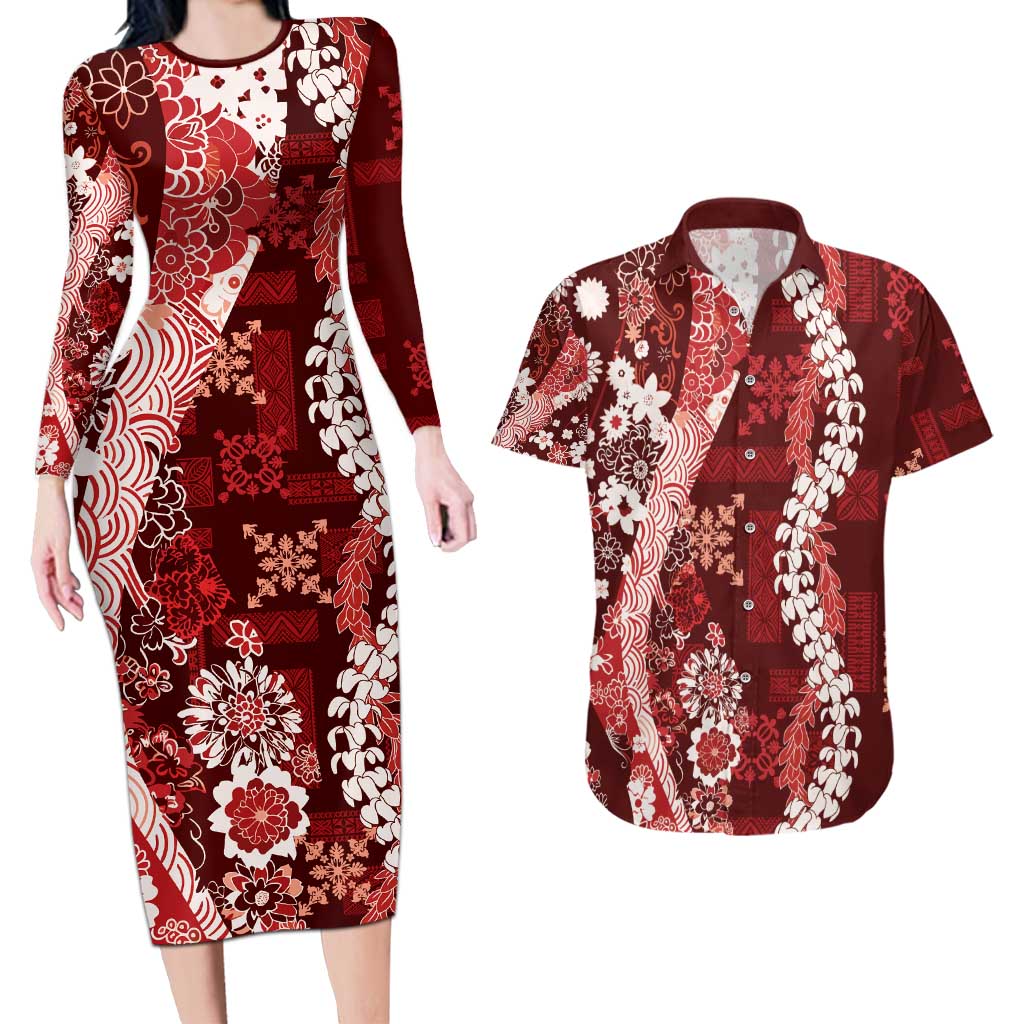 Hawaii Puakenikeni and Maile Lei Couples Matching Long Sleeve Bodycon Dress and Hawaiian Shirt Red Japanese Wave Style LT9 Red - Polynesian Pride