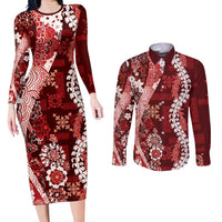 Hawaii Puakenikeni and Maile Lei Couples Matching Long Sleeve Bodycon Dress and Long Sleeve Button Shirt Red Japanese Wave Style LT9 Red - Polynesian Pride