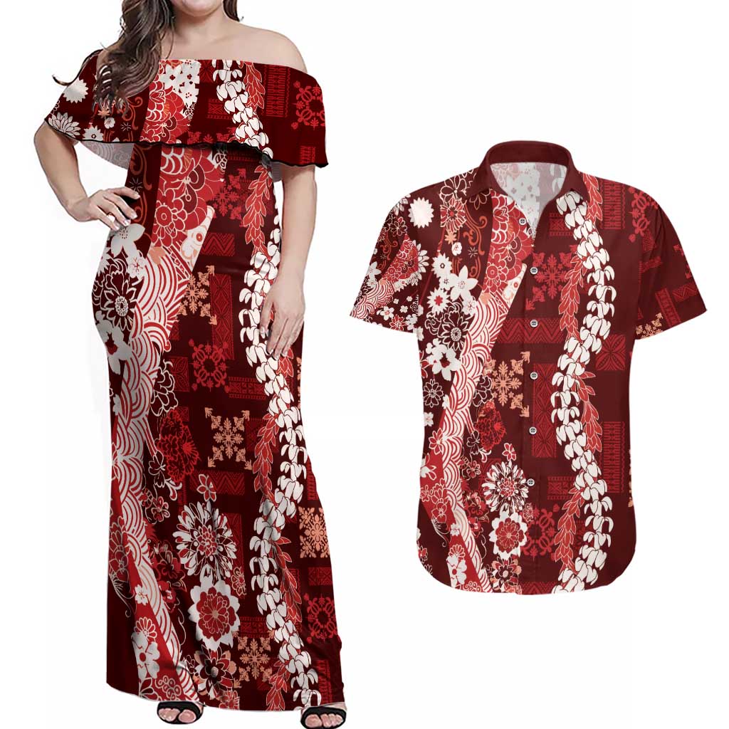 Hawaii Puakenikeni and Maile Lei Couples Matching Off Shoulder Maxi Dress and Hawaiian Shirt Red Japanese Wave Style LT9 Red - Polynesian Pride