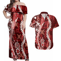 Hawaii Puakenikeni and Maile Lei Couples Matching Off Shoulder Maxi Dress and Hawaiian Shirt Red Japanese Wave Style LT9 Red - Polynesian Pride