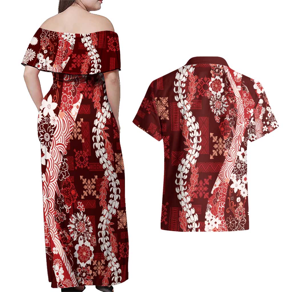 Hawaii Puakenikeni and Maile Lei Couples Matching Off Shoulder Maxi Dress and Hawaiian Shirt Red Japanese Wave Style LT9 - Polynesian Pride