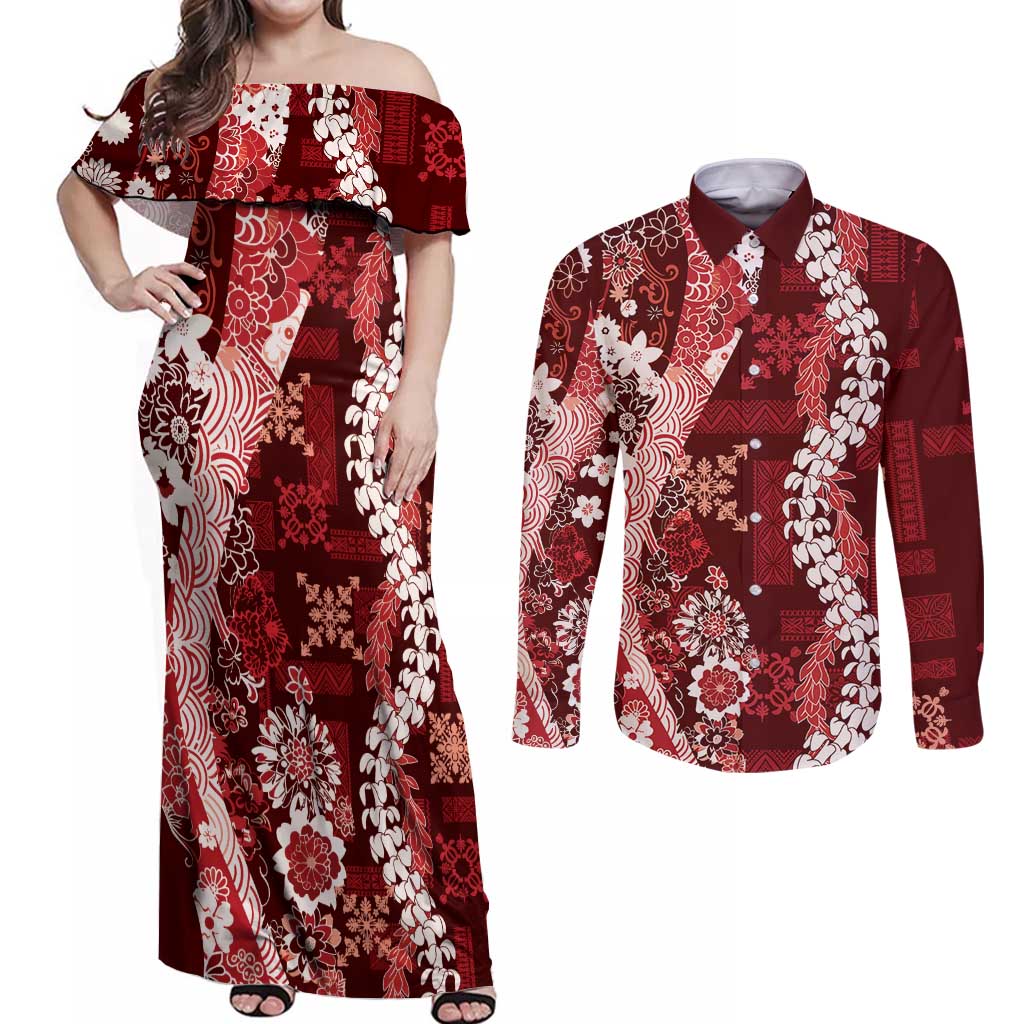 Hawaii Puakenikeni and Maile Lei Couples Matching Off Shoulder Maxi Dress and Long Sleeve Button Shirt Red Japanese Wave Style LT9 Red - Polynesian Pride