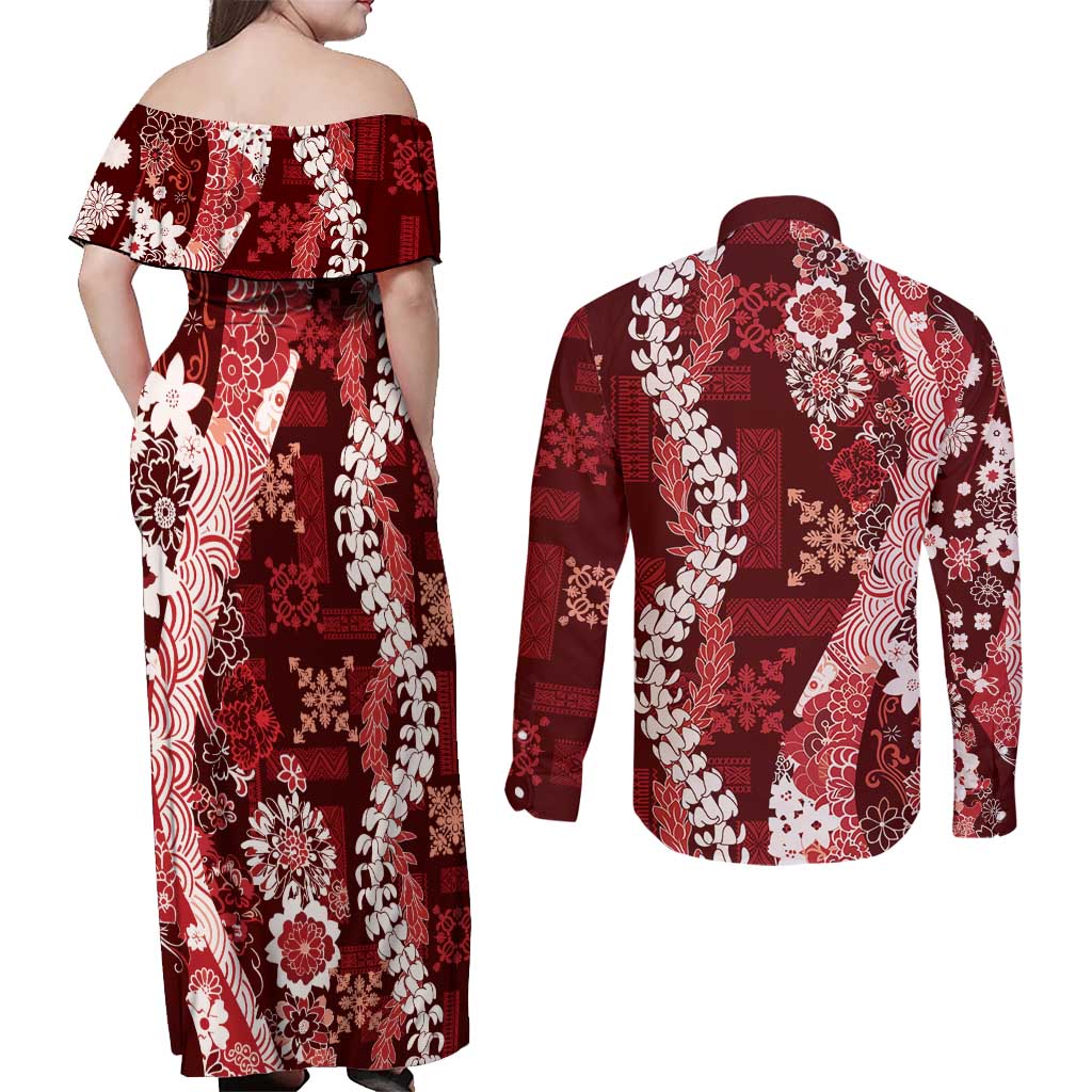 Hawaii Puakenikeni and Maile Lei Couples Matching Off Shoulder Maxi Dress and Long Sleeve Button Shirt Red Japanese Wave Style LT9 - Polynesian Pride