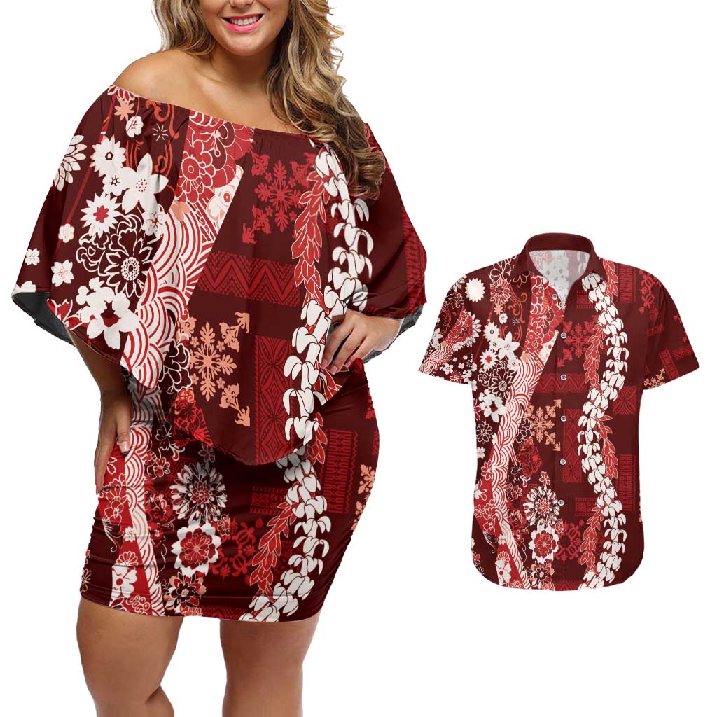 Hawaii Puakenikeni and Maile Lei Couples Matching Off Shoulder Short Dress and Hawaiian Shirt Red Japanese Wave Style LT9 Red - Polynesian Pride