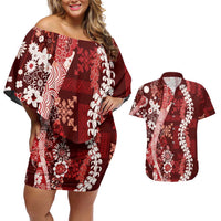 Hawaii Puakenikeni and Maile Lei Couples Matching Off Shoulder Short Dress and Hawaiian Shirt Red Japanese Wave Style LT9 Red - Polynesian Pride