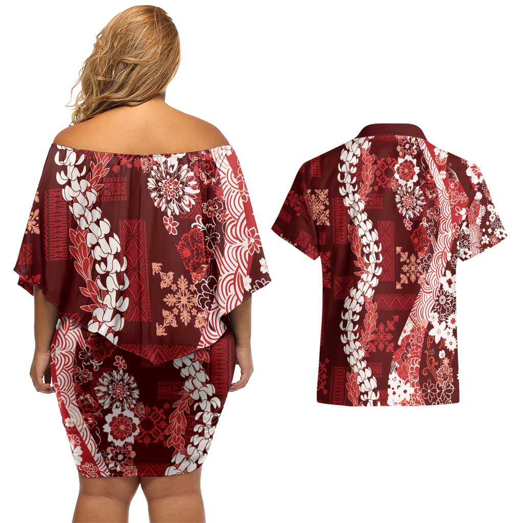 Hawaii Puakenikeni and Maile Lei Couples Matching Off Shoulder Short Dress and Hawaiian Shirt Red Japanese Wave Style LT9 - Polynesian Pride