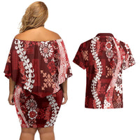 Hawaii Puakenikeni and Maile Lei Couples Matching Off Shoulder Short Dress and Hawaiian Shirt Red Japanese Wave Style LT9 - Polynesian Pride