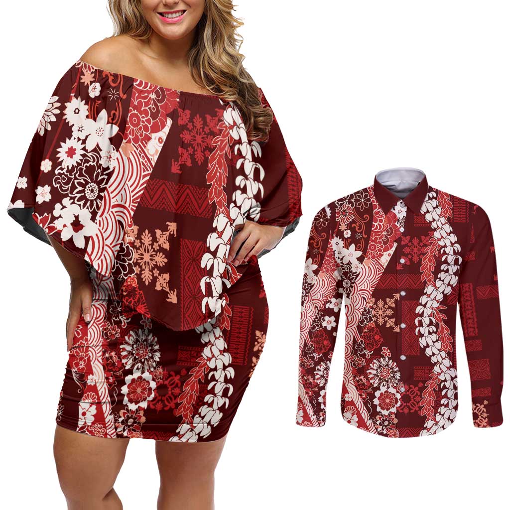 Hawaii Puakenikeni and Maile Lei Couples Matching Off Shoulder Short Dress and Long Sleeve Button Shirt Red Japanese Wave Style LT9 Red - Polynesian Pride