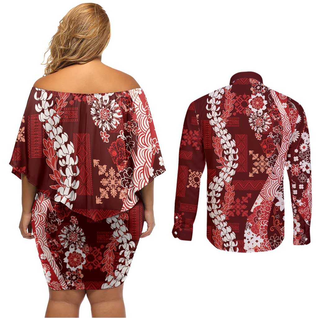 Hawaii Puakenikeni and Maile Lei Couples Matching Off Shoulder Short Dress and Long Sleeve Button Shirt Red Japanese Wave Style LT9 - Polynesian Pride