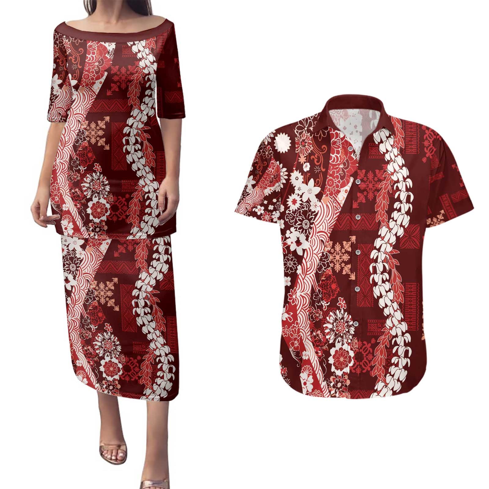 Hawaii Puakenikeni and Maile Lei Couples Matching Puletasi and Hawaiian Shirt Red Japanese Wave Style - Polynesian Pride