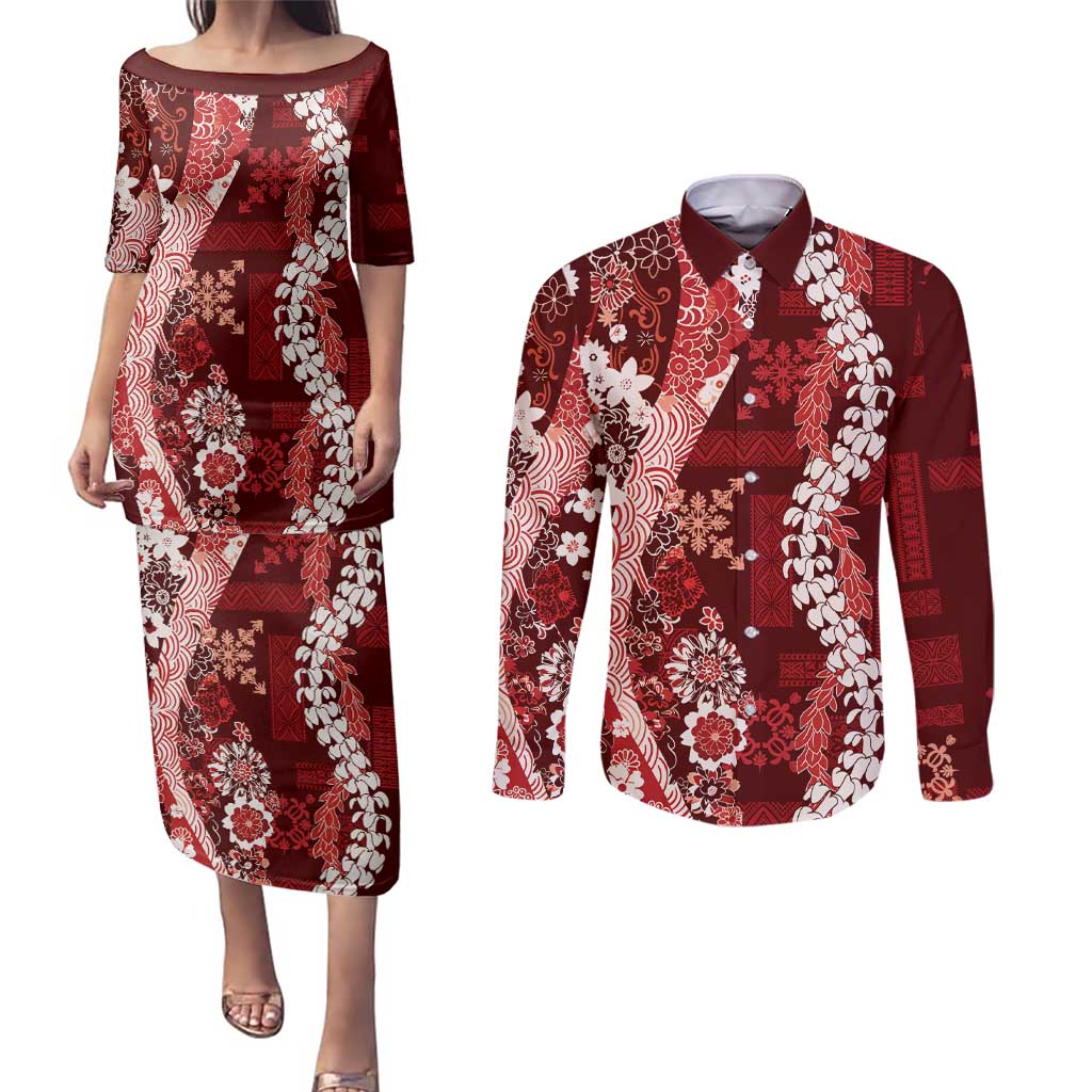 Hawaii Puakenikeni and Maile Lei Couples Matching Puletasi and Long Sleeve Button Shirt Red Japanese Wave Style LT9 Red - Polynesian Pride