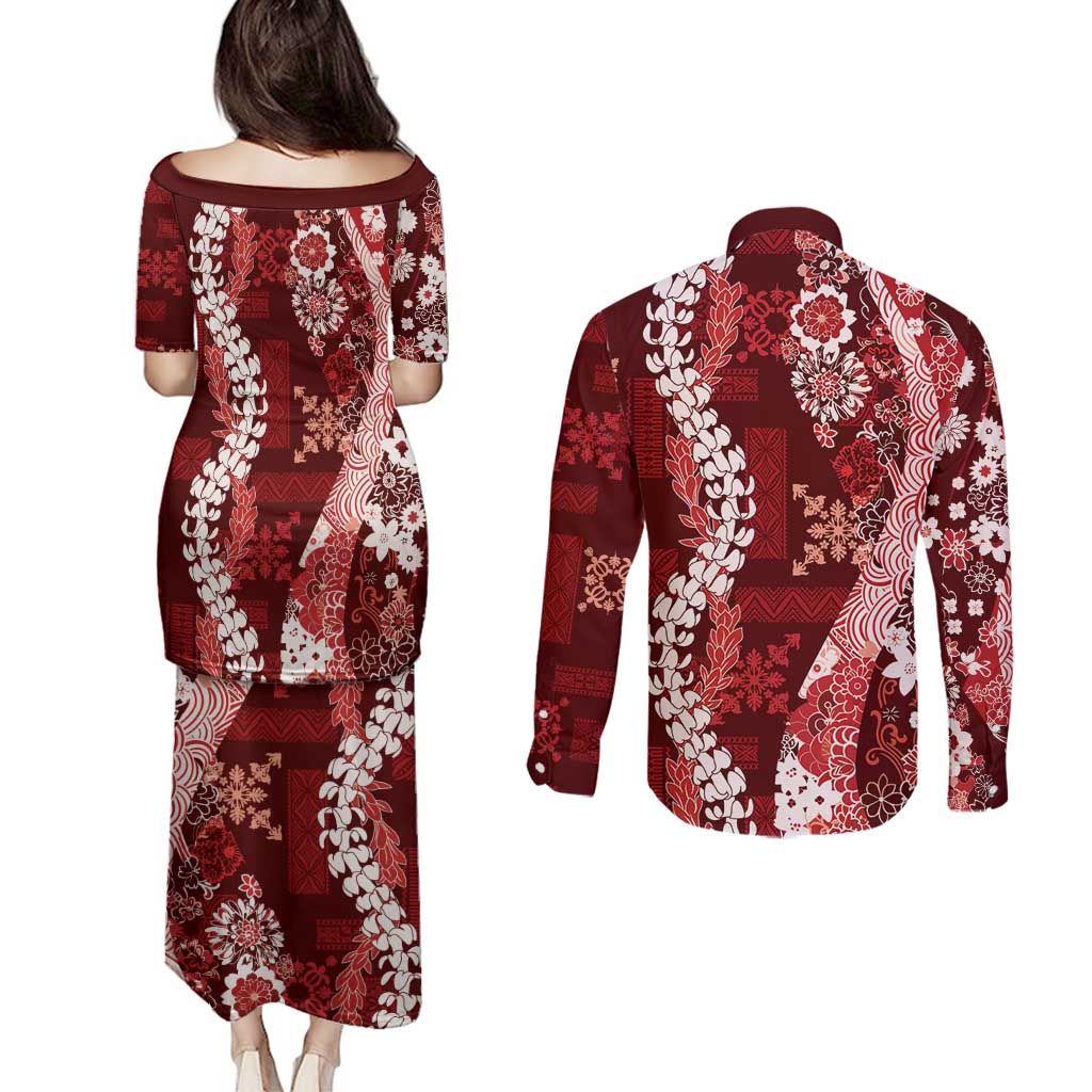 Hawaii Puakenikeni and Maile Lei Couples Matching Puletasi and Long Sleeve Button Shirt Red Japanese Wave Style LT9 - Polynesian Pride