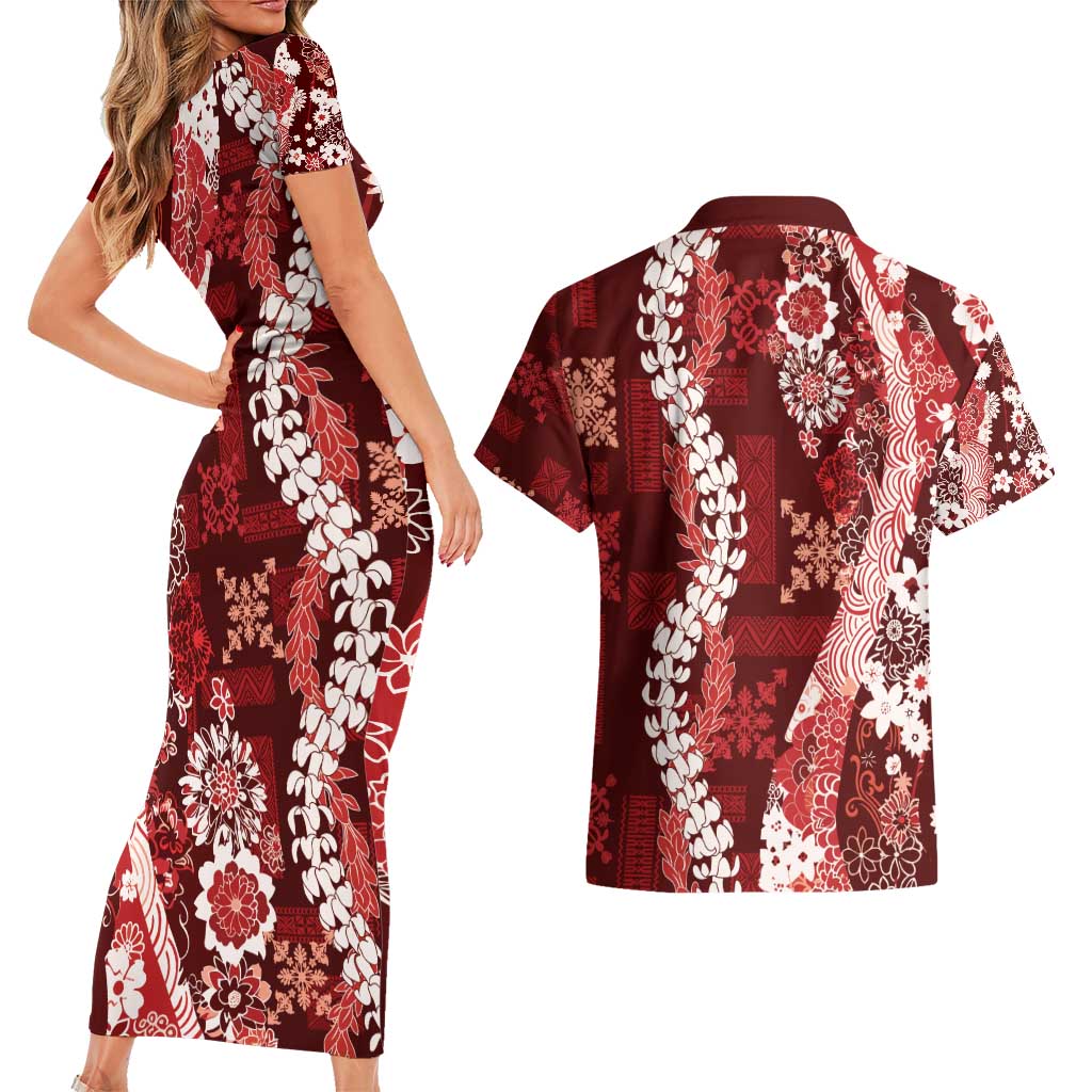 Hawaii Puakenikeni and Maile Lei Couples Matching Short Sleeve Bodycon Dress and Hawaiian Shirt Red Japanese Wave Style LT9 - Polynesian Pride