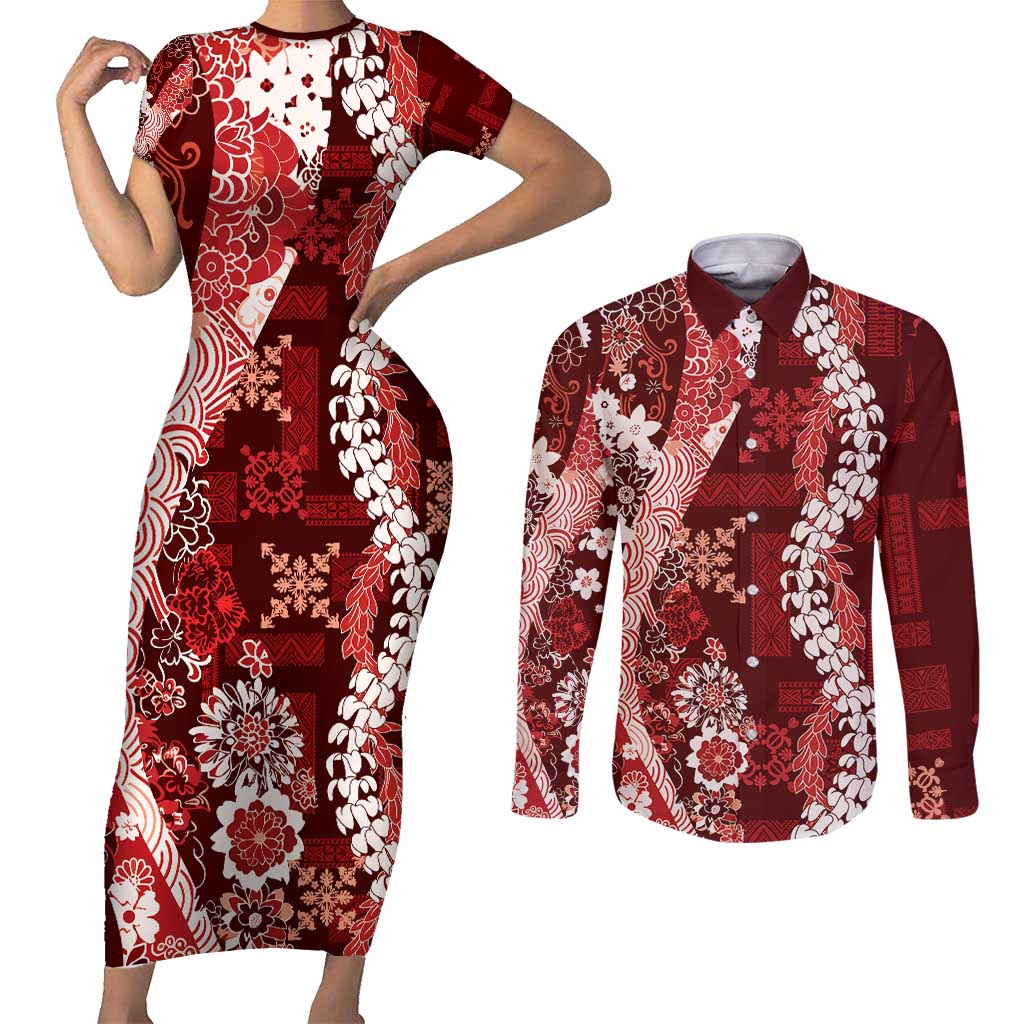 Hawaii Puakenikeni and Maile Lei Couples Matching Short Sleeve Bodycon Dress and Long Sleeve Button Shirt Red Japanese Wave Style LT9 Red - Polynesian Pride