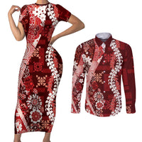 Hawaii Puakenikeni and Maile Lei Couples Matching Short Sleeve Bodycon Dress and Long Sleeve Button Shirt Red Japanese Wave Style LT9 Red - Polynesian Pride