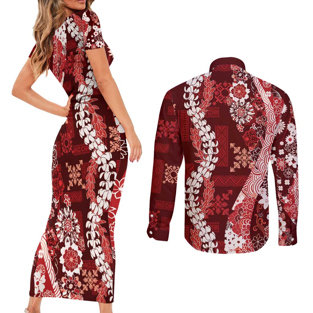 Hawaii Puakenikeni and Maile Lei Couples Matching Short Sleeve Bodycon Dress and Long Sleeve Button Shirt Red Japanese Wave Style LT9 - Polynesian Pride