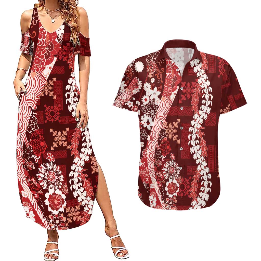 Hawaii Puakenikeni and Maile Lei Couples Matching Summer Maxi Dress and Hawaiian Shirt Red Japanese Wave Style LT9 Red - Polynesian Pride