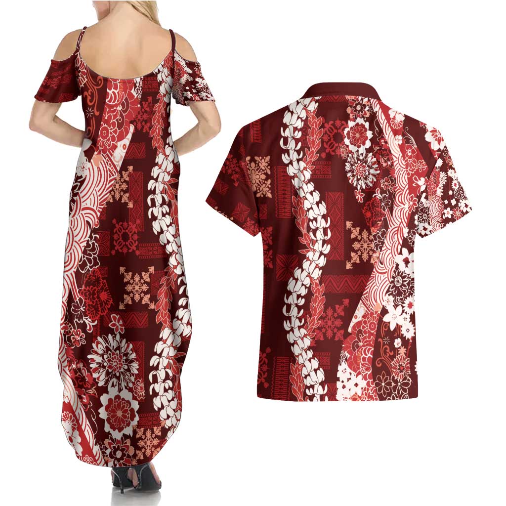 Hawaii Puakenikeni and Maile Lei Couples Matching Summer Maxi Dress and Hawaiian Shirt Red Japanese Wave Style LT9 - Polynesian Pride