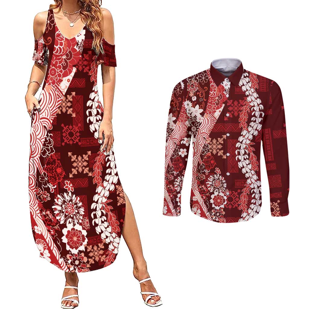 Hawaii Puakenikeni and Maile Lei Couples Matching Summer Maxi Dress and Long Sleeve Button Shirt Red Japanese Wave Style LT9 Red - Polynesian Pride